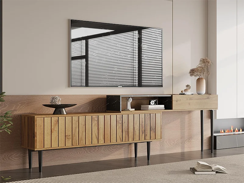 Meuble TV modulable - 4 compartiments - Noir & Naturel