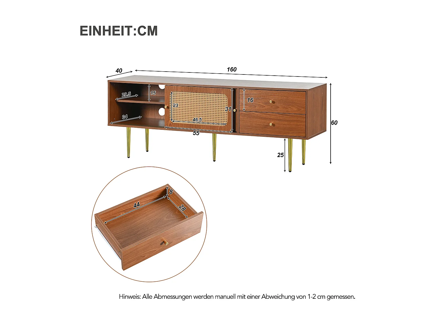 160 cm TV-Schrank – 2 Schiebetüren aus Rattan und 2 Schubladen – Braun