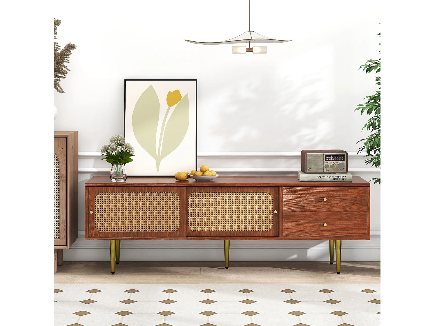 Mueble TV 160 cm - 2 puertas correderas de ratán y 2 cajones - Marrón