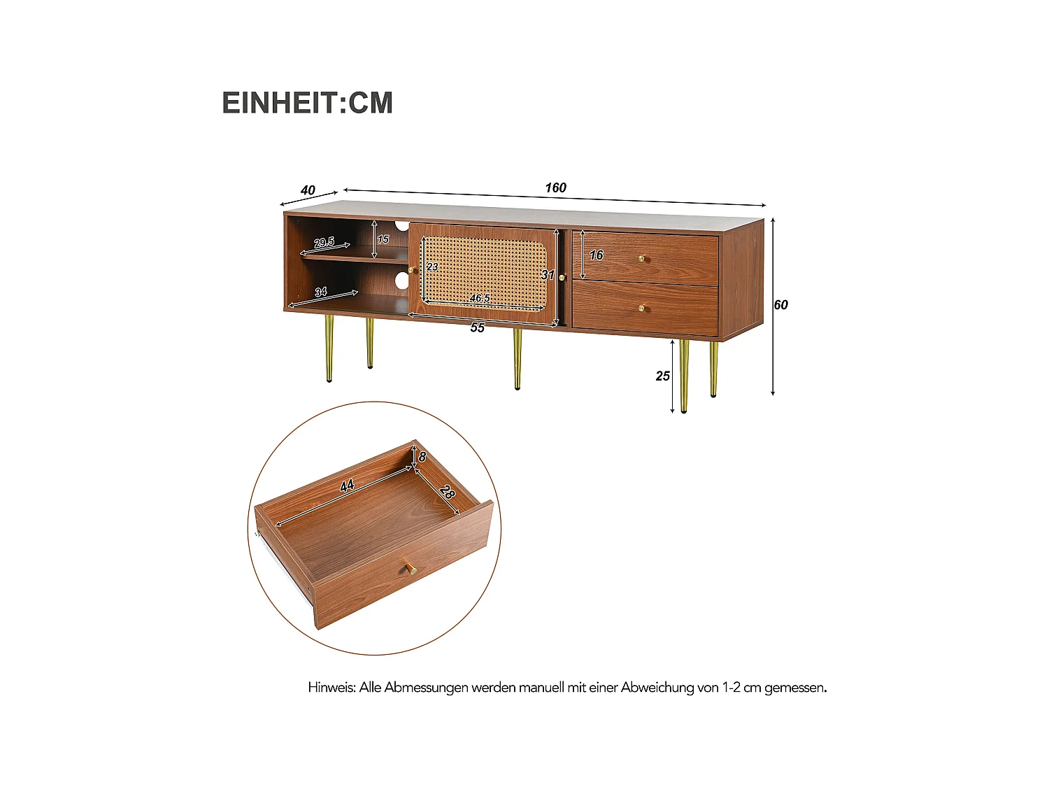 Mueble TV 160 cm - 2 puertas correderas de ratán y 2 cajones - Marrón