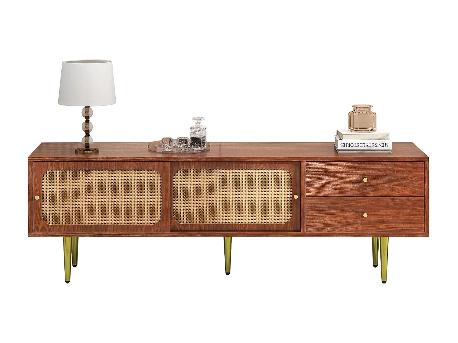 Mueble TV 160 cm - 2 puertas correderas de ratán y 2 cajones - Marrón