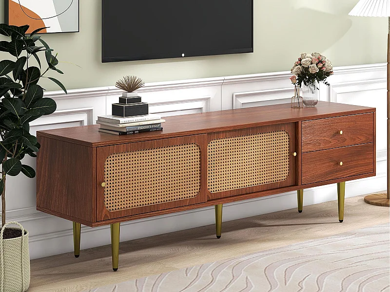 Meuble TV 160cm - 2 portes coulissantes en rotin et 2 tiroirs - Marron