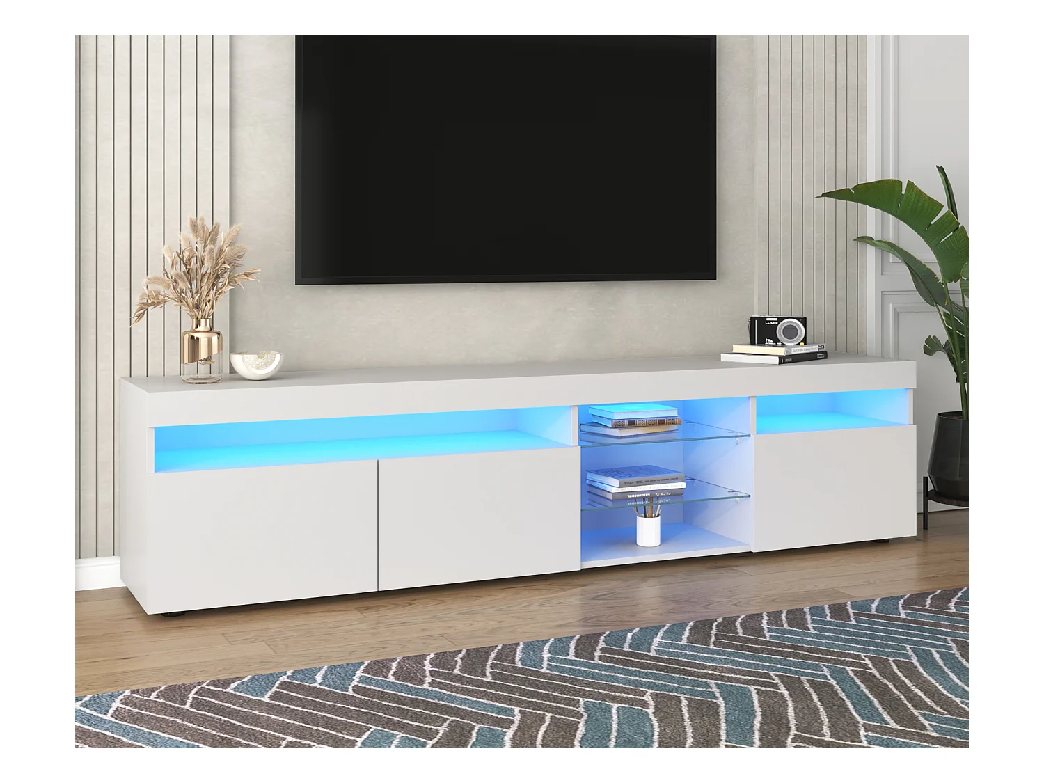 Moderner TV-Schrank 180 cm mit LED – 3 Türen und 5 offene Fächer – Weiß
