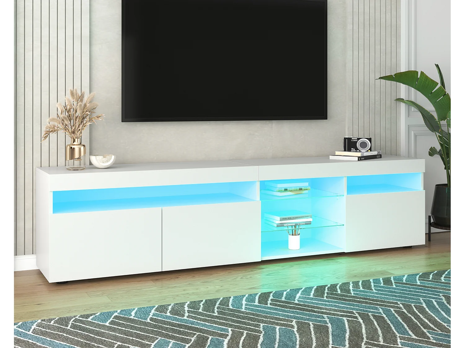 Meuble TV moderne 180cm avec LED - 3 portes & 5 compartiments ouverts - Blanc