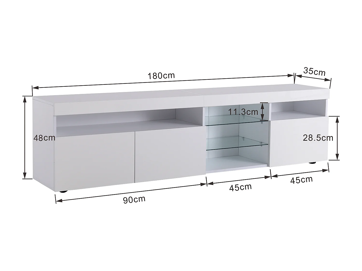 Meuble TV moderne 180cm avec LED - 3 portes & 5 compartiments ouverts - Blanc