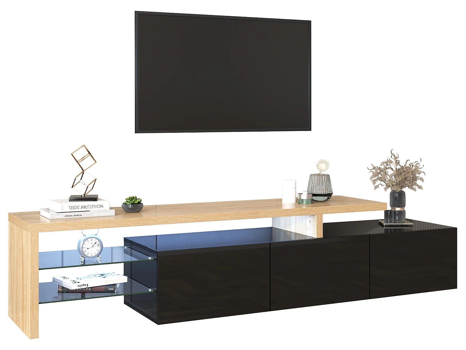Meuble TV 200 cm - 3 portes et 2 compartiments en verre - style moderne - Noir & Naturel