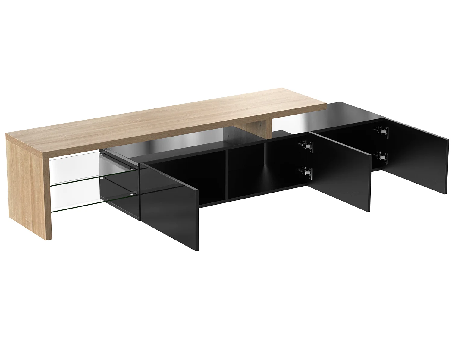 Meuble TV 200 cm - 3 portes et 2 compartiments en verre - style moderne - Noir & Naturel