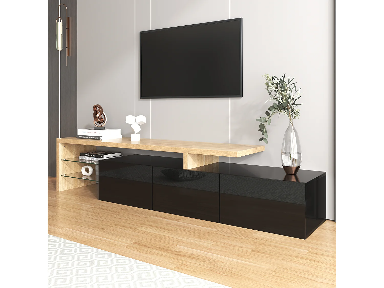 Meuble TV 200 cm - 3 portes et 2 compartiments en verre - style moderne - Noir & Naturel
