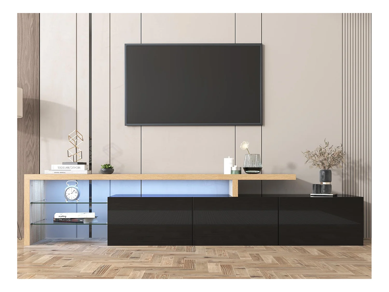 Meuble TV 200 cm - 3 portes et 2 compartiments en verre - style moderne - Noir & Naturel