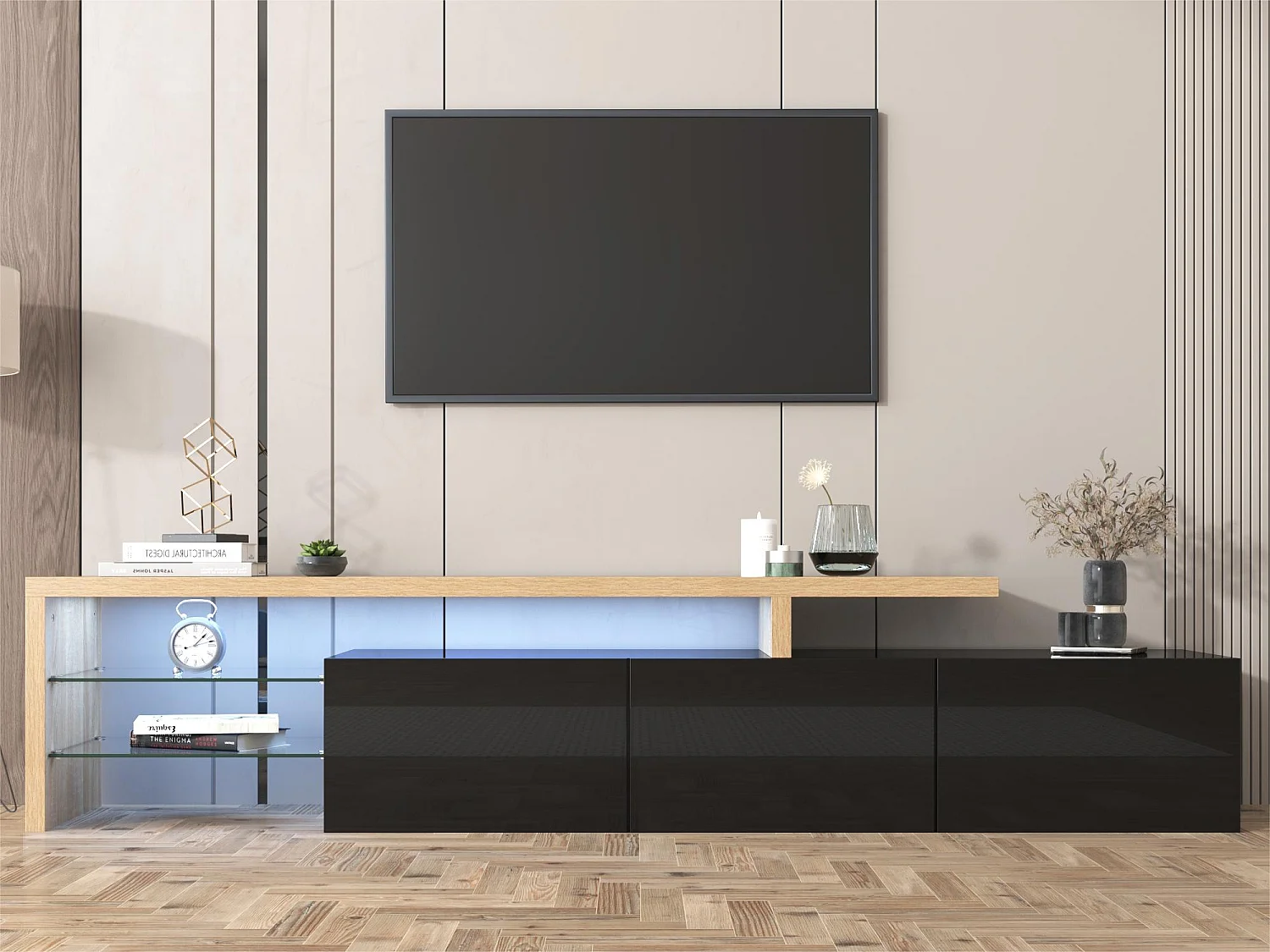 Modern TV-meubel 2m met 3 deuren en 2 glazen vakken - Zwart & Naturel