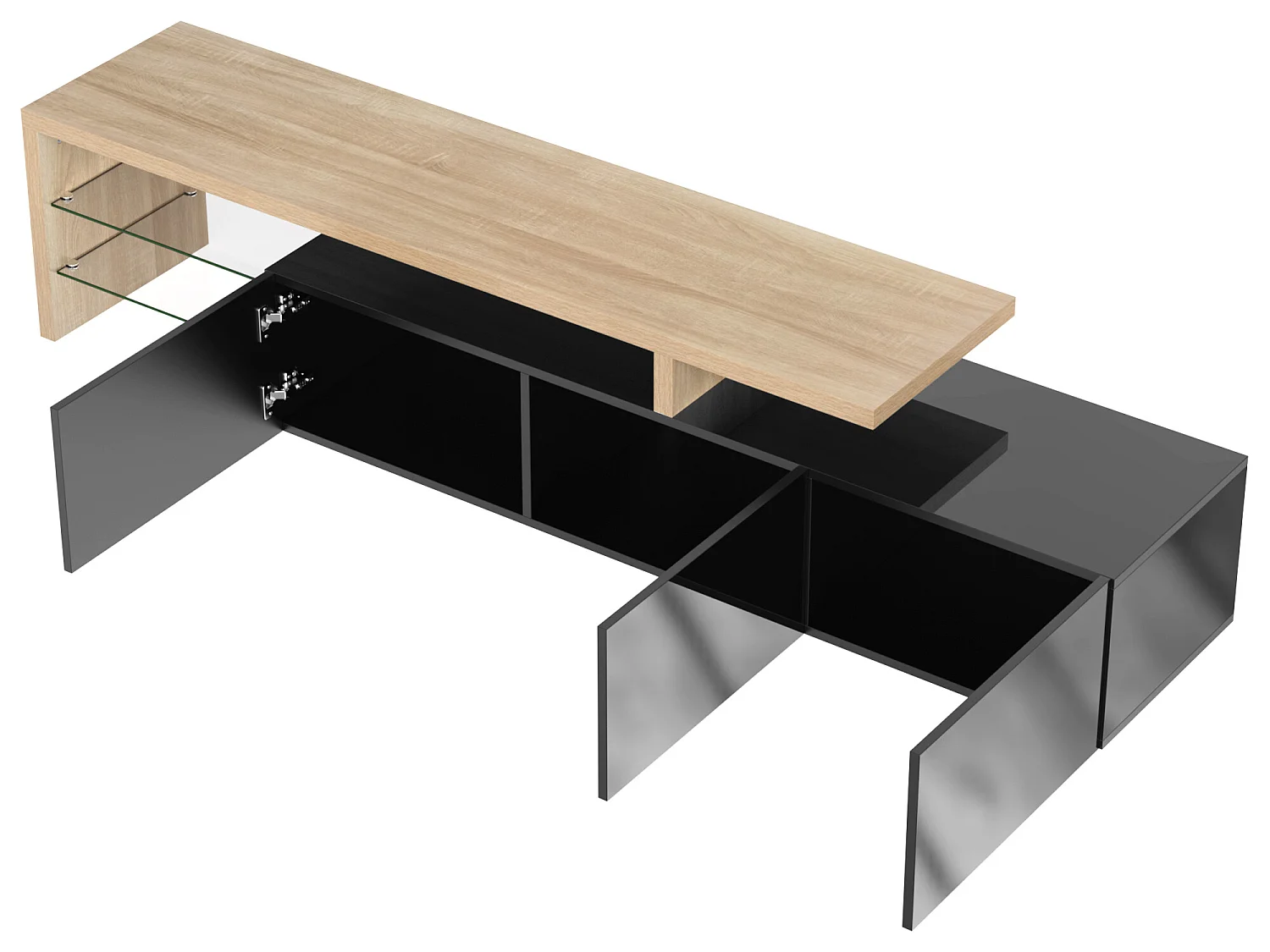 Modern TV-meubel 2m met 3 deuren en 2 glazen vakken - Zwart & Naturel