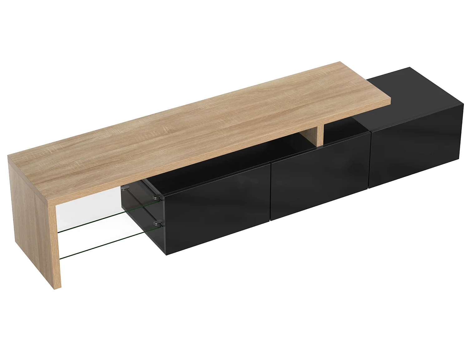 Modern TV-meubel 2m met 3 deuren en 2 glazen vakken - Zwart & Naturel