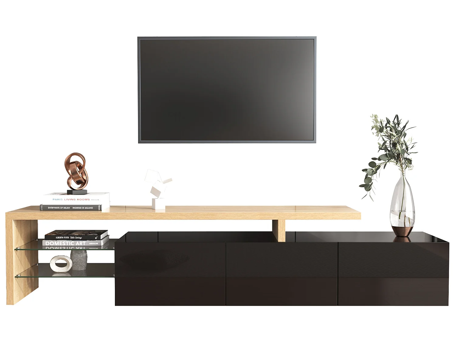 Modern TV-meubel 2m met 3 deuren en 2 glazen vakken - Zwart & Naturel