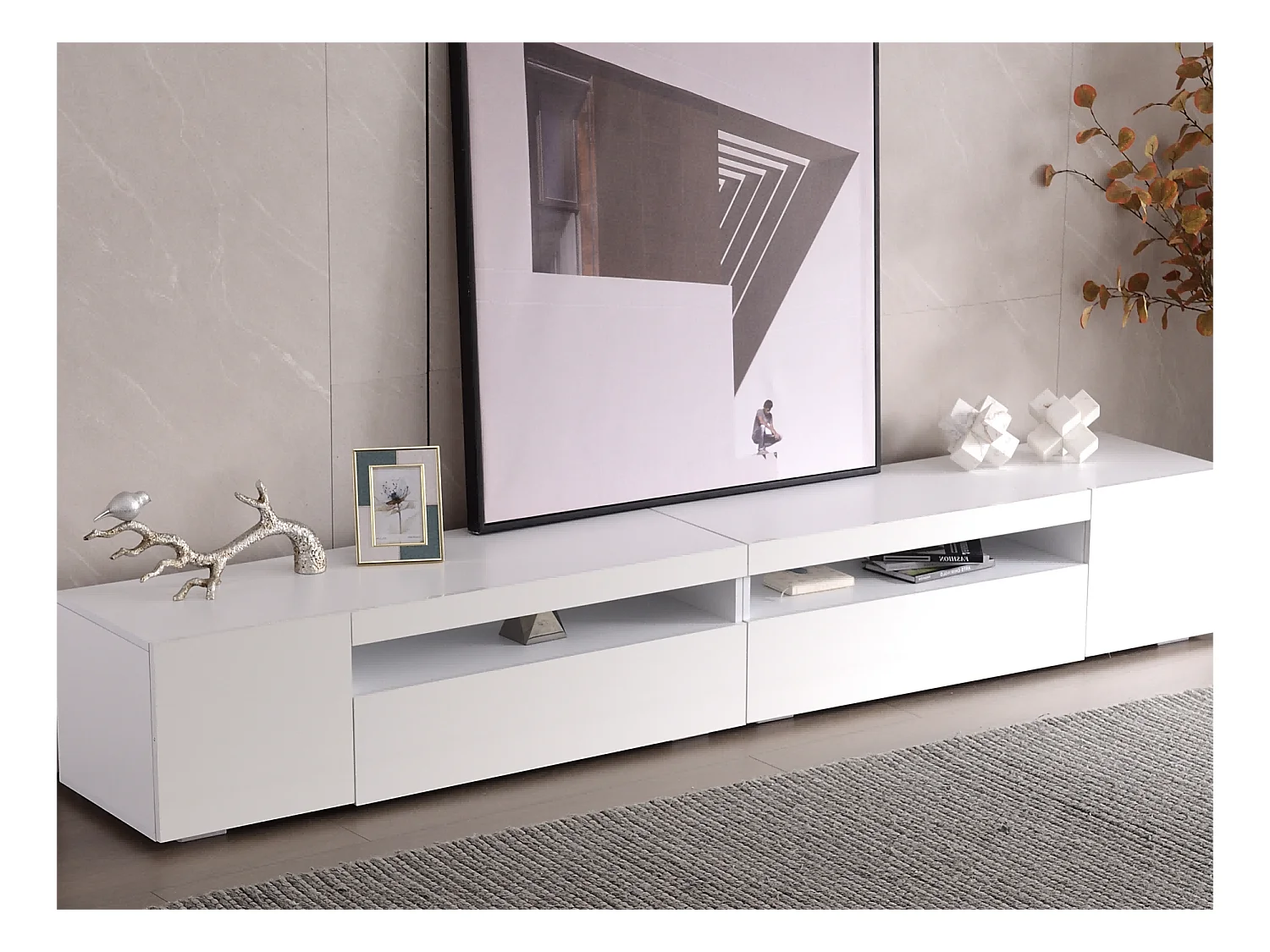 Meuble TV 240cm avec LED variable - style contemporain - Blanc