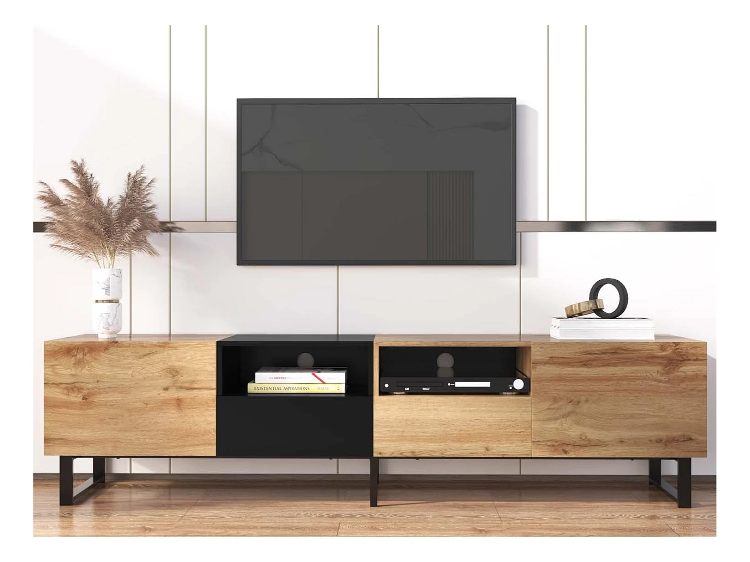 Meuble TV 190cm - 2 portes + 2 tiroirs + 2 compartiments - style industriel - Naturel