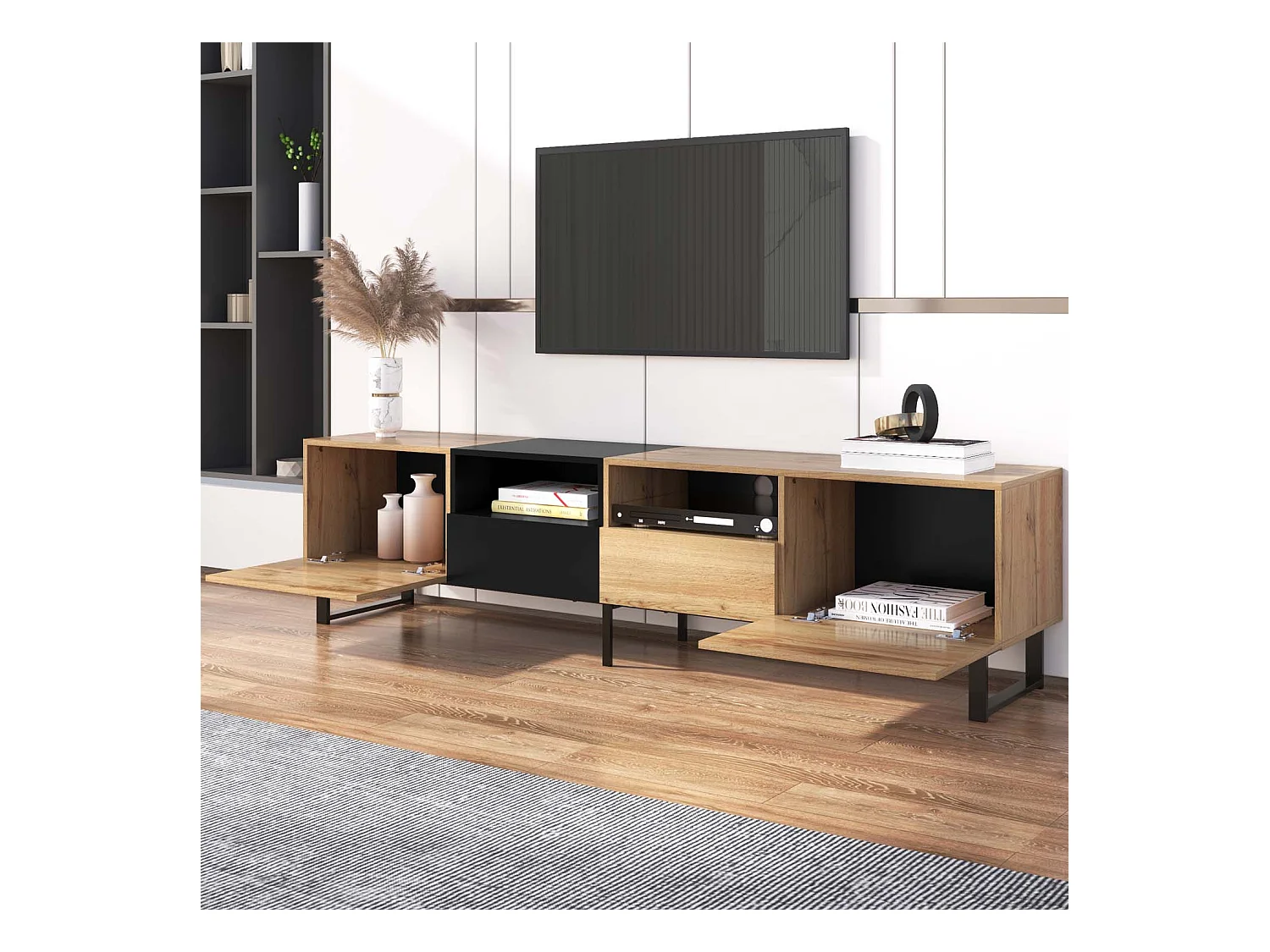 TV-meubel 190 cm - 2 deuren + 2 laden + 2 vakken - industriële stijl - Naturel