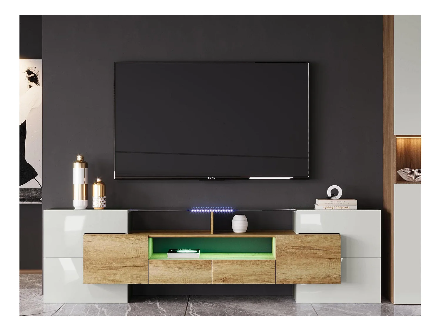 Houten tv-meubel van 2 meter met 2 lades en 2 open planken - Naturel en wit