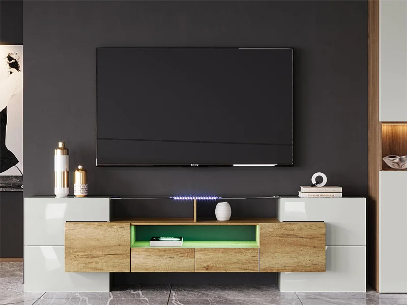 Houten tv-meubel van 2 meter met 2 lades en 2 open planken - Naturel en wit