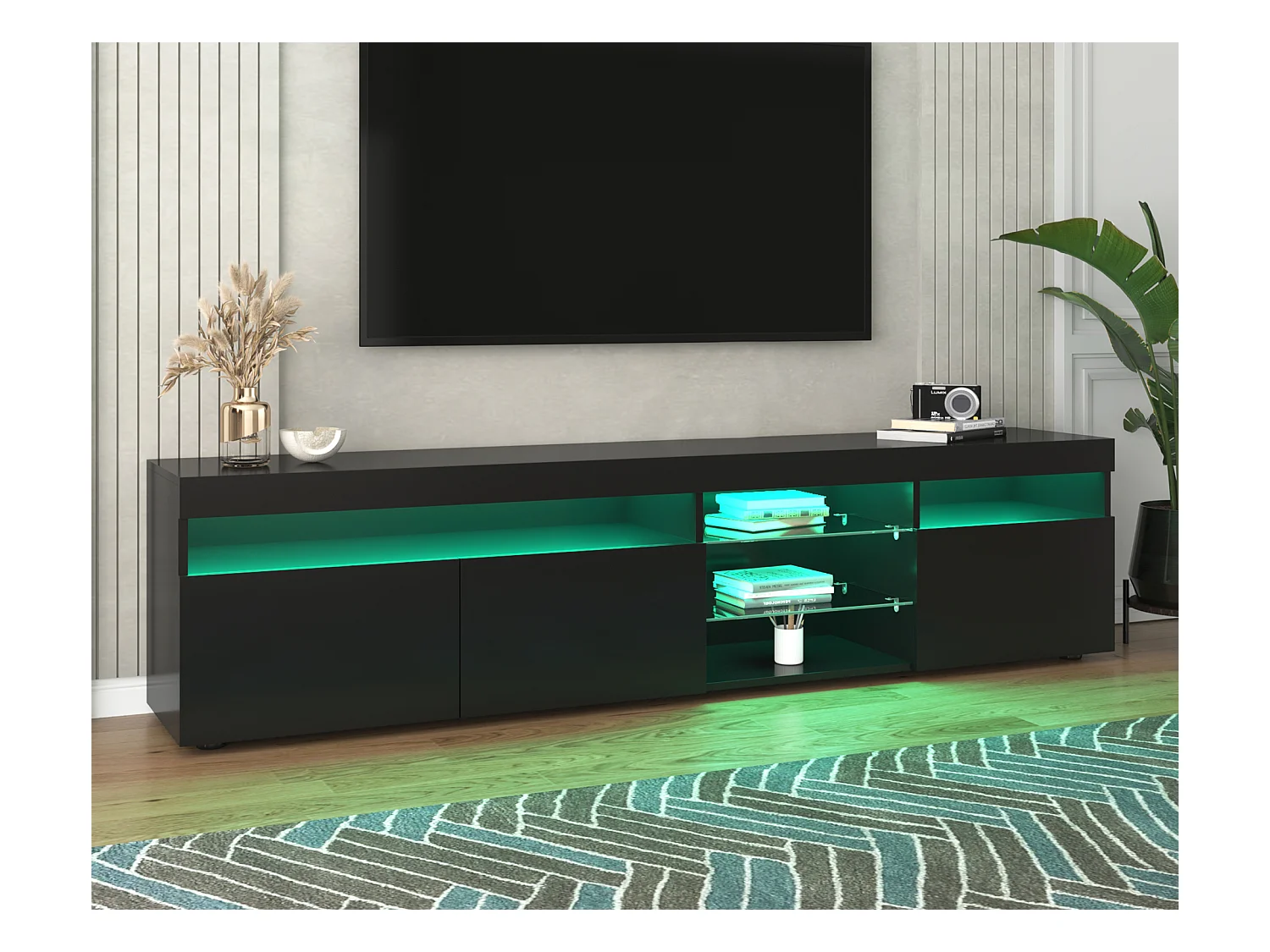 Meuble TV moderne 180cm avec LED - 3 portes & 5 compartiments ouverts - Noir