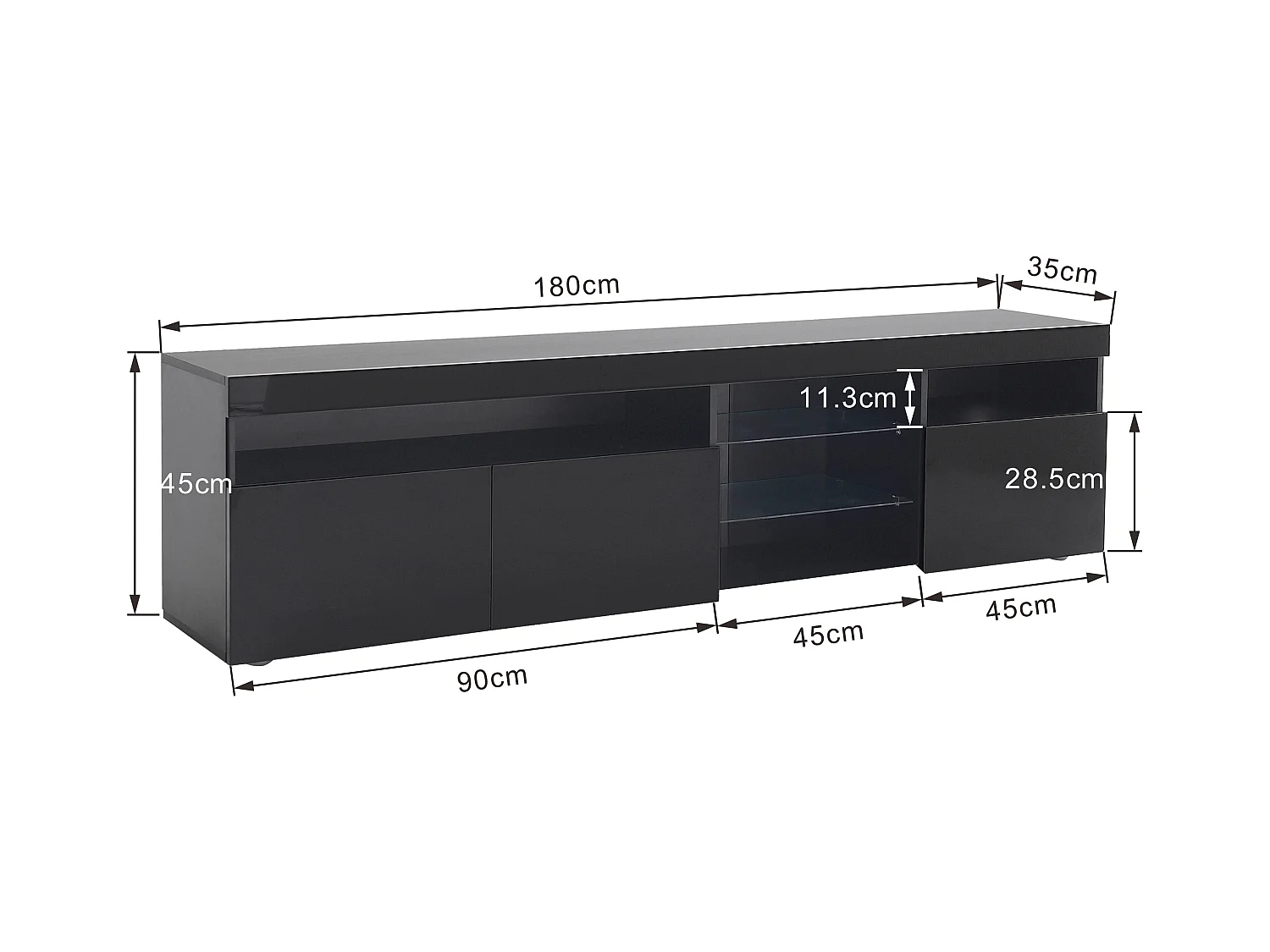 Meuble TV moderne 180cm avec LED - 3 portes & 5 compartiments ouverts - Noir