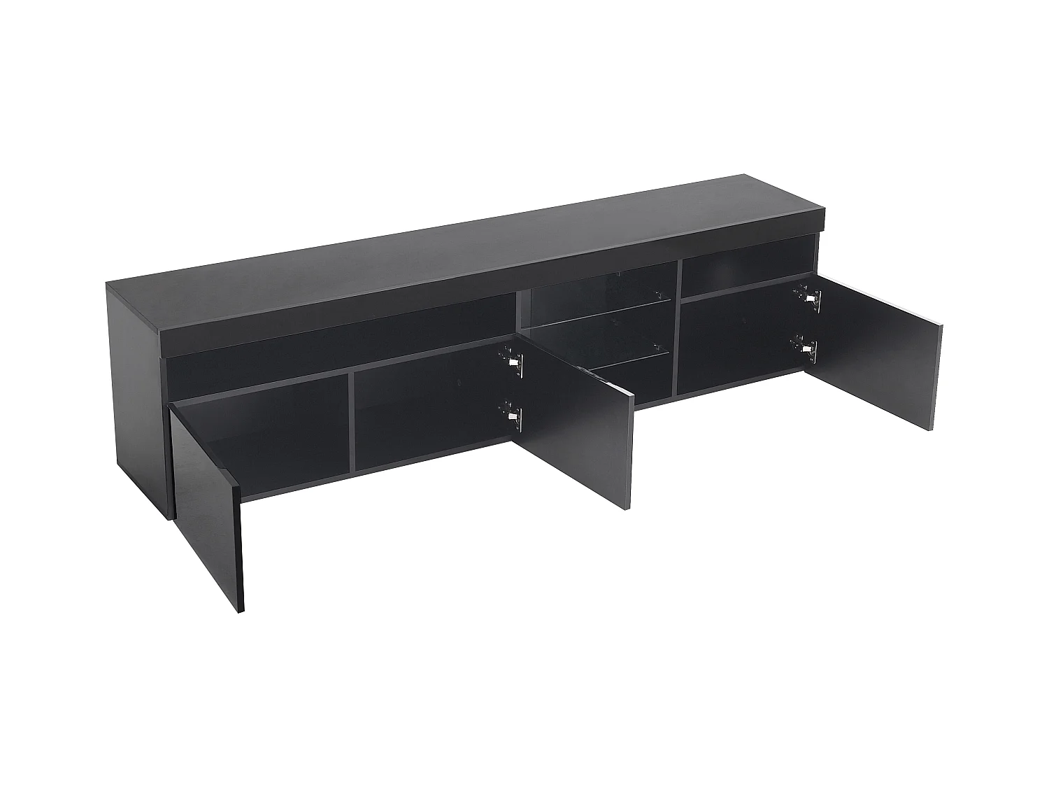 Meuble TV moderne 180cm avec LED - 3 portes & 5 compartiments ouverts - Noir