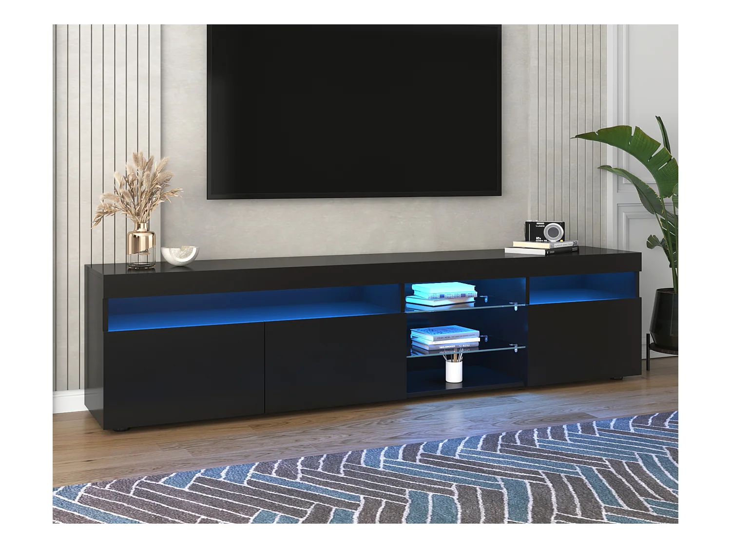 Meuble TV moderne 180cm avec LED - 3 portes & 5 compartiments ouverts - Noir