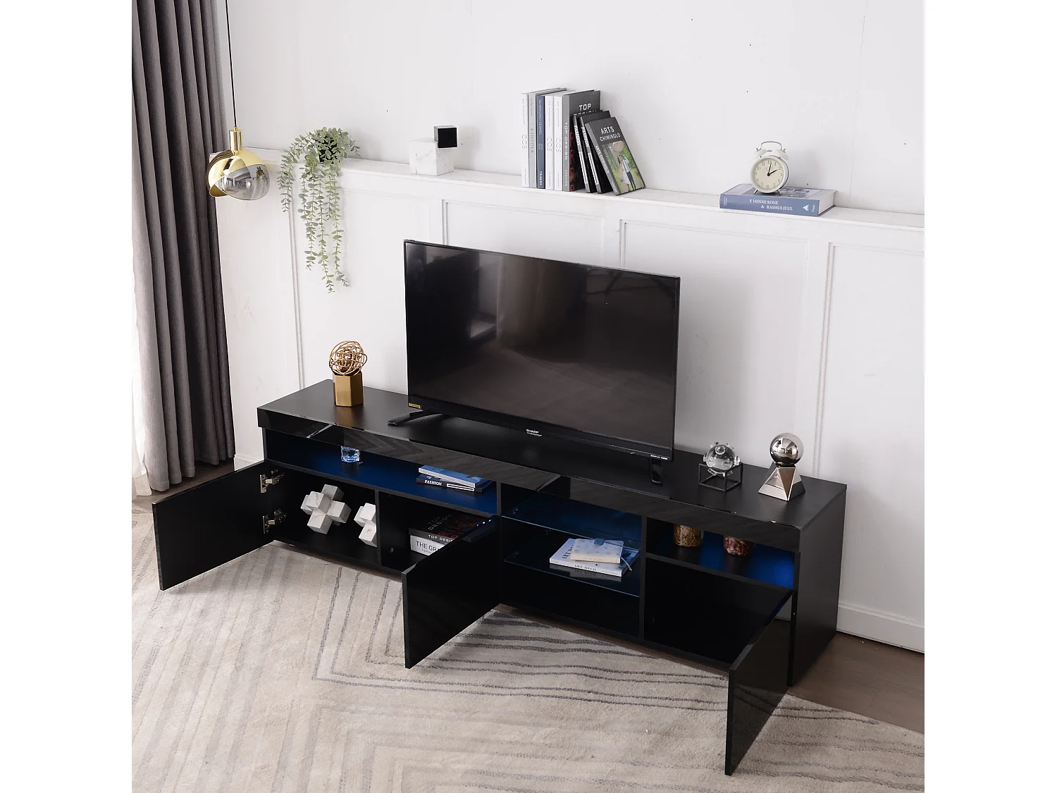 Meuble TV moderne 180cm avec LED - 3 portes & 5 compartiments ouverts - Noir