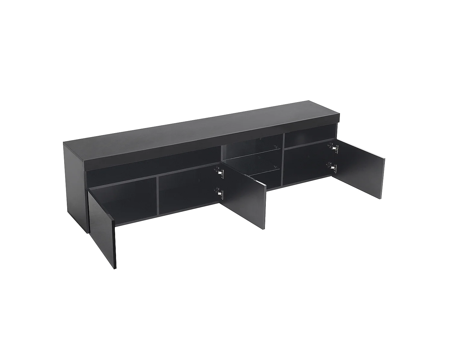 Meuble TV moderne 180cm avec LED - 3 portes & 5 compartiments ouverts - Noir