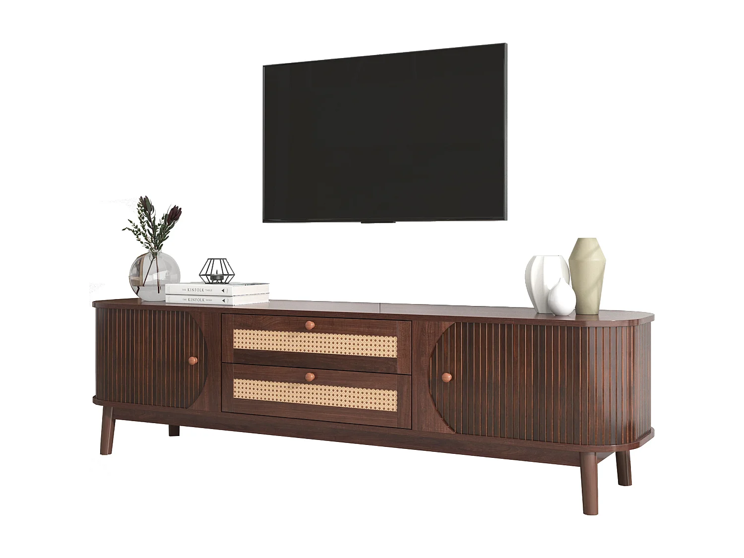 Meuble TV 170cm en bois massif et rotin - 2 tiroirs et 2 portes - style campagnard - marron
