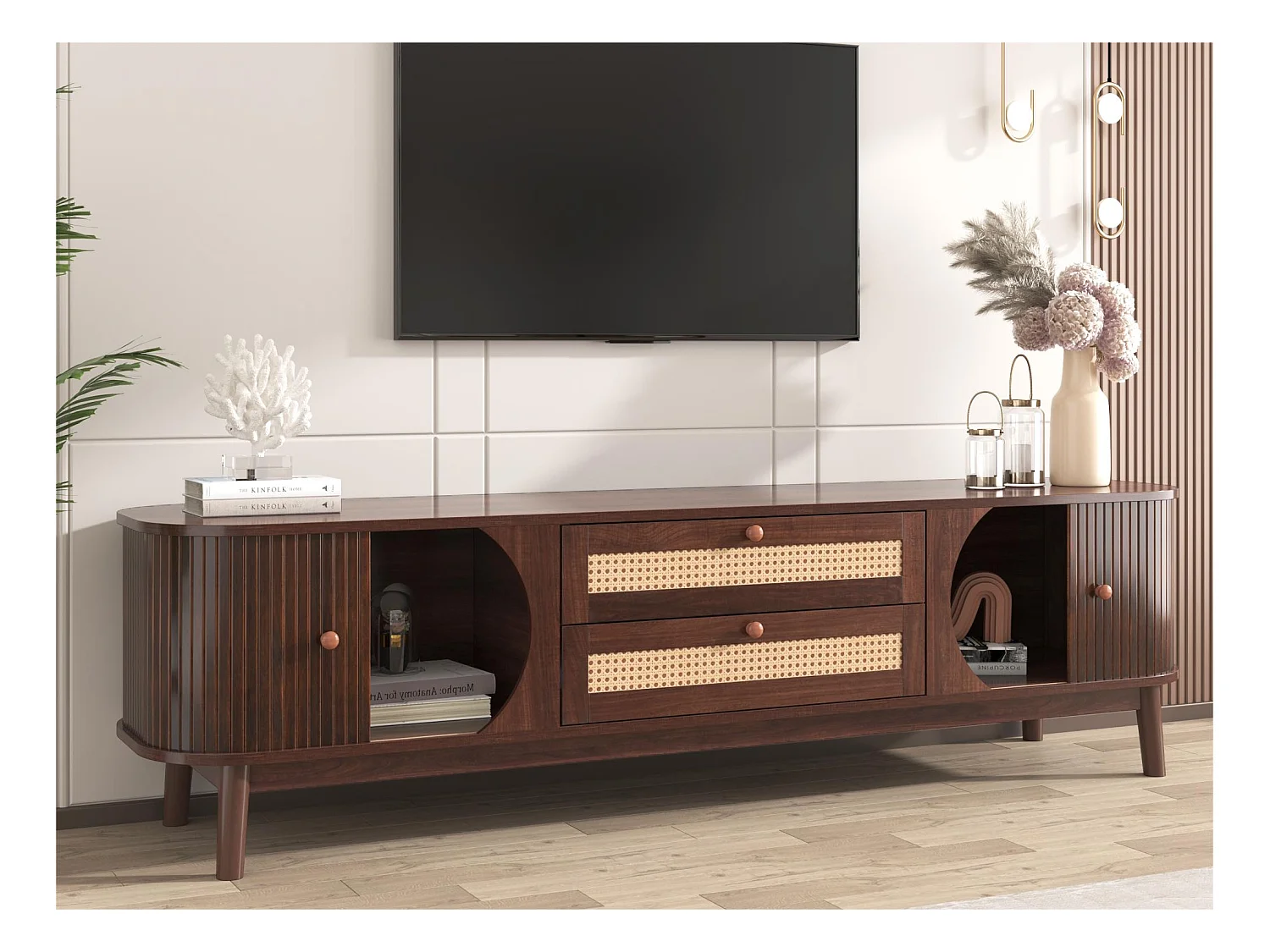 Meuble TV 170cm en bois massif et rotin - 2 tiroirs et 2 portes - style campagnard - marron