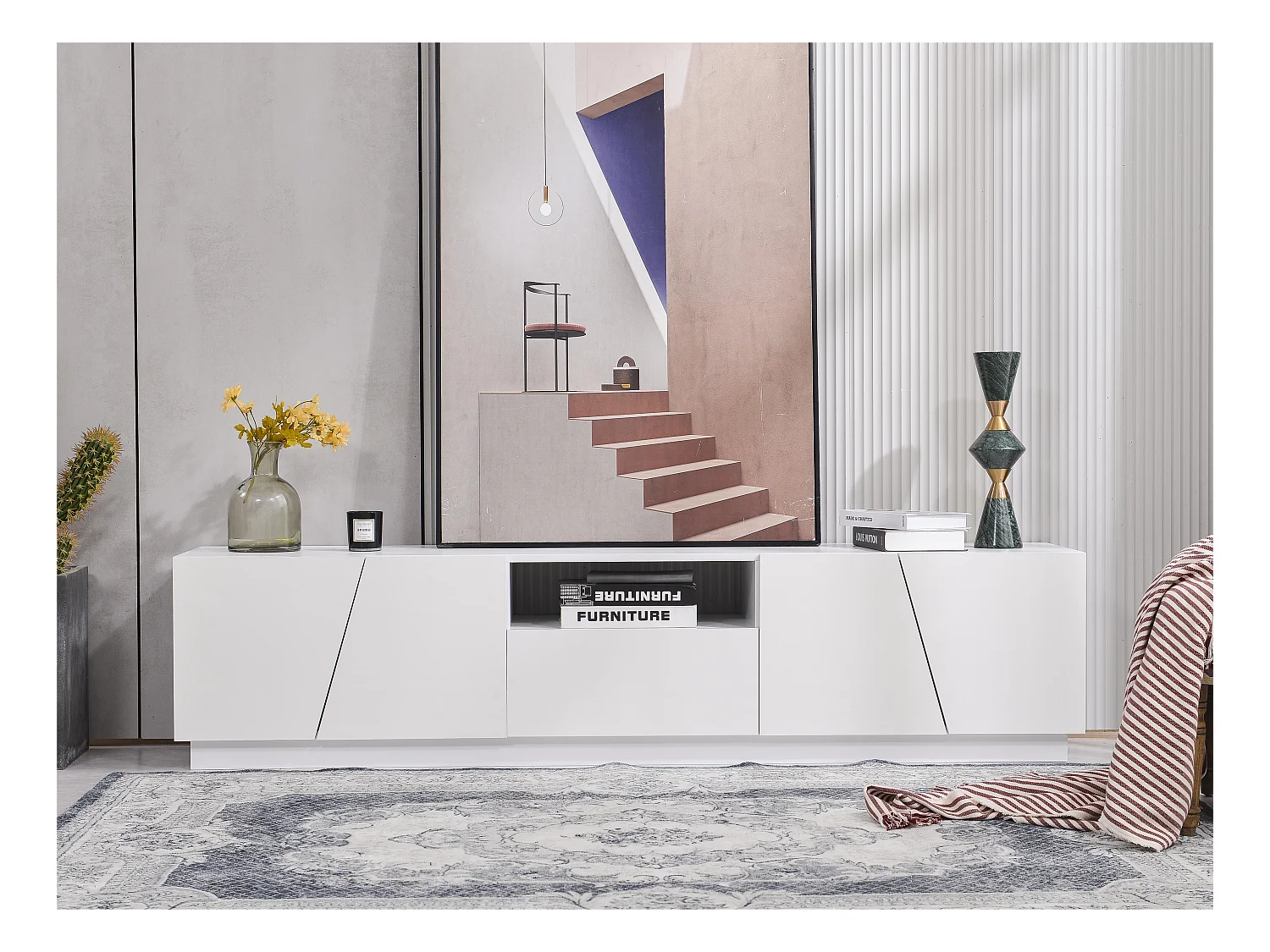 Meuble TV scandinave 170cm en MDF - 2 portes + 1 tiroir + 1 compartiment - style contemporain - Blanc