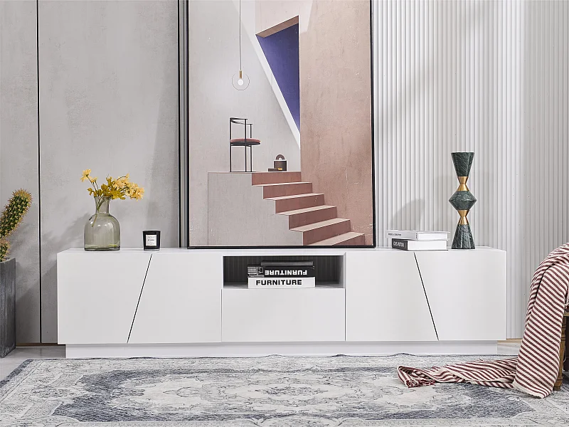 Meuble TV scandinave 170cm en MDF - 2 portes + 1 tiroir + 1 compartiment - style contemporain - Blanc