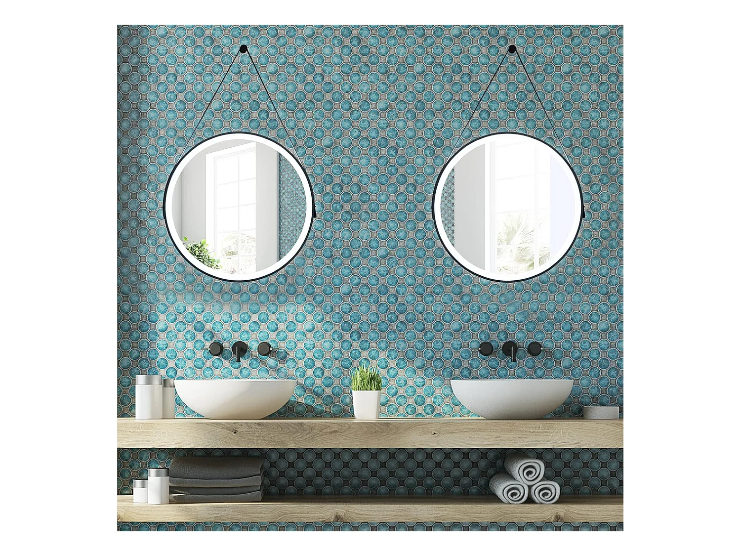 60 cm badkamerspiegel met leren band, ronde LED-spiegel, anticondens en geheugenfunctie, dimbaar, 3 kleuren