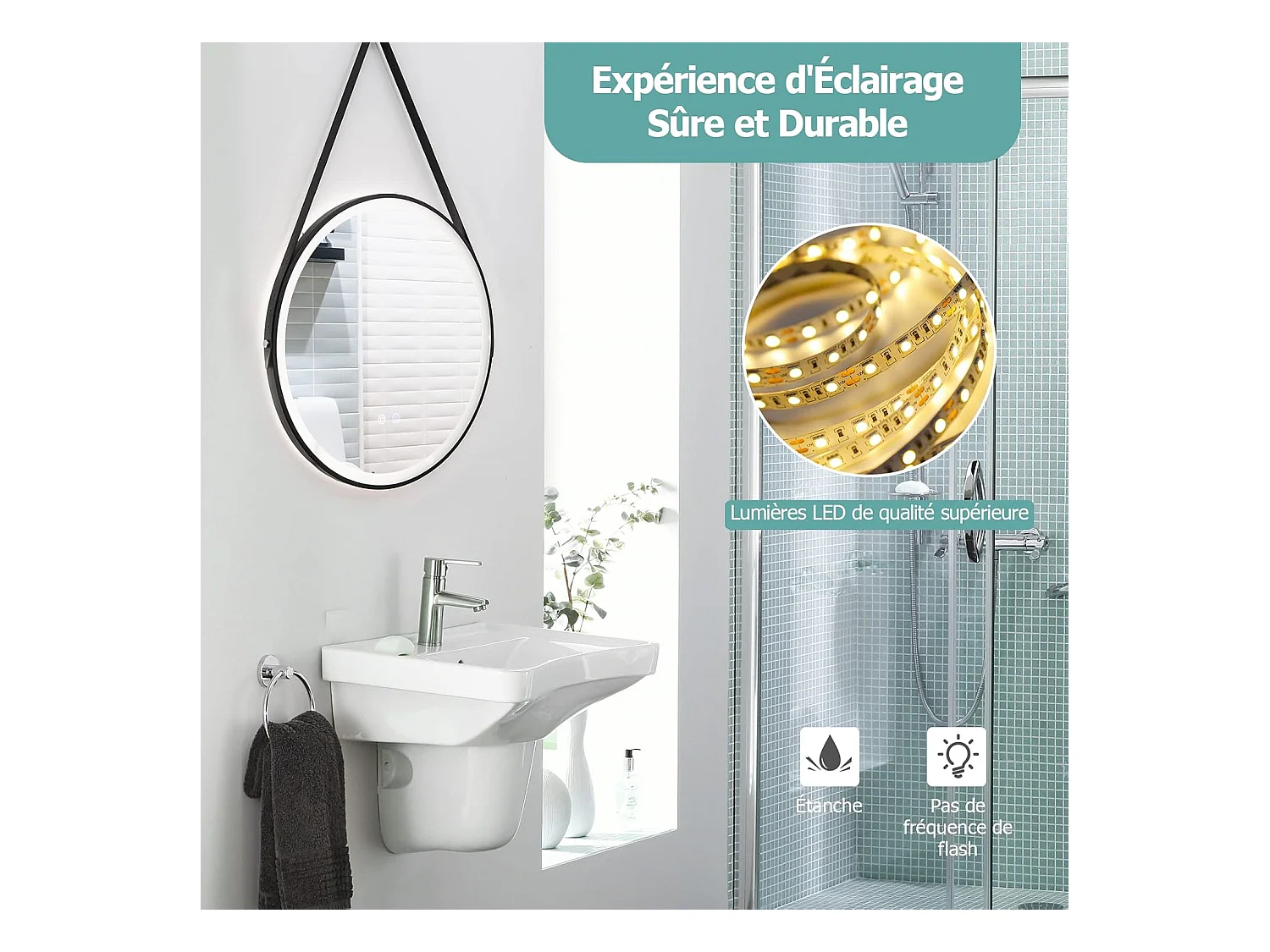 60 cm badkamerspiegel met leren band, ronde LED-spiegel, anticondens en geheugenfunctie, dimbaar, 3 kleuren