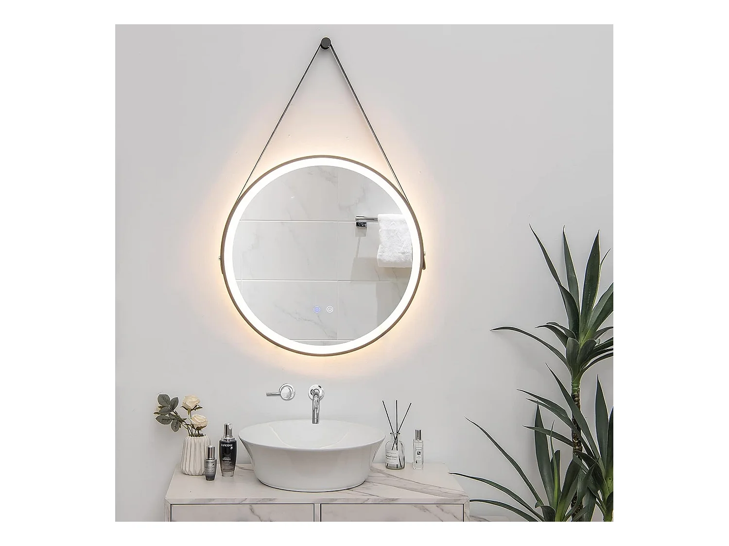 Miroir Anti-Buée Salle de Bain de 60 cm avec Sangle en Cuir, Miroir Anti-Eau Rond LED, Fonction Anti-Buée et Mémoire, Dimmable, 3 Couleurs