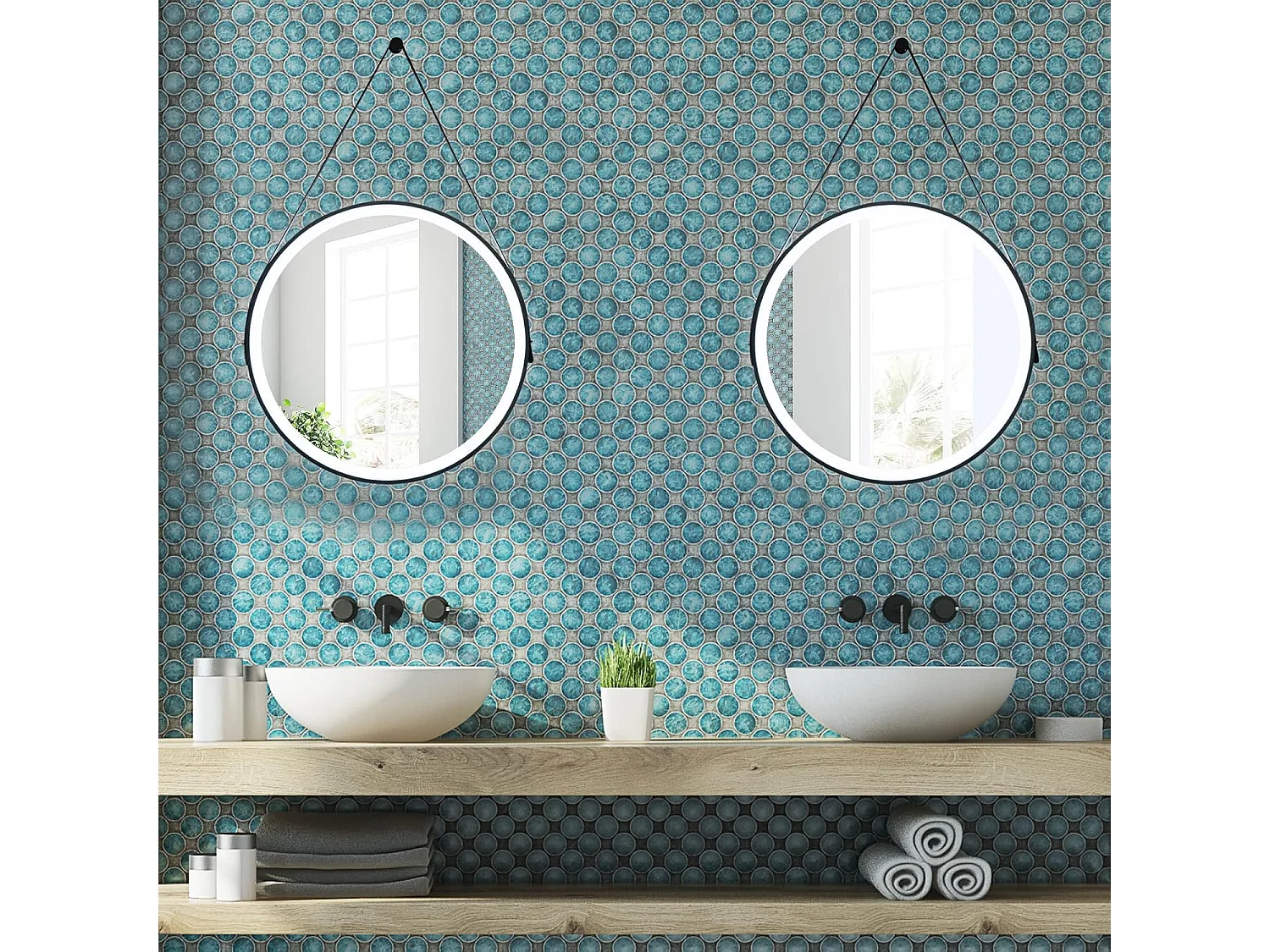 Miroir Anti-Buée Salle de Bain de 60 cm avec Sangle en Cuir, Miroir Anti-Eau Rond LED, Fonction Anti-Buée et Mémoire, Dimmable, 3 Couleurs