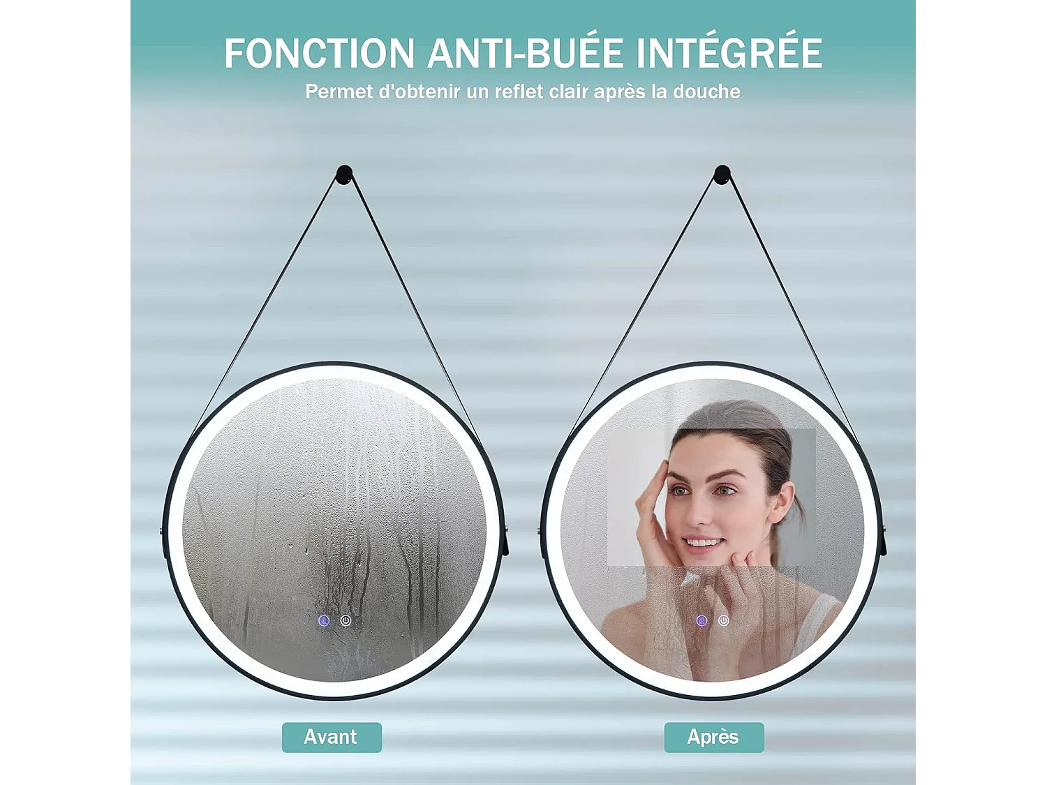 Miroir Anti-Buée Salle de Bain de 60 cm avec Sangle en Cuir, Miroir Anti-Eau Rond LED, Fonction Anti-Buée et Mémoire, Dimmable, 3 Couleurs