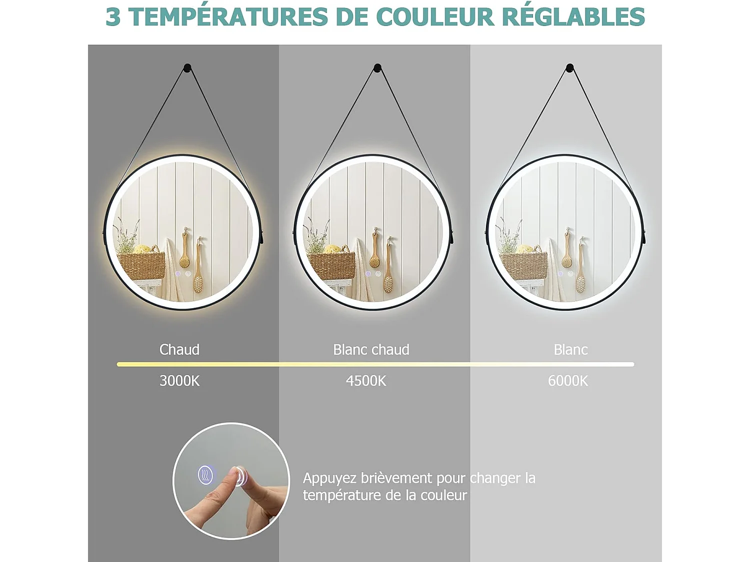 Miroir Anti-Buée Salle de Bain de 60 cm avec Sangle en Cuir, Miroir Anti-Eau Rond LED, Fonction Anti-Buée et Mémoire, Dimmable, 3 Couleurs