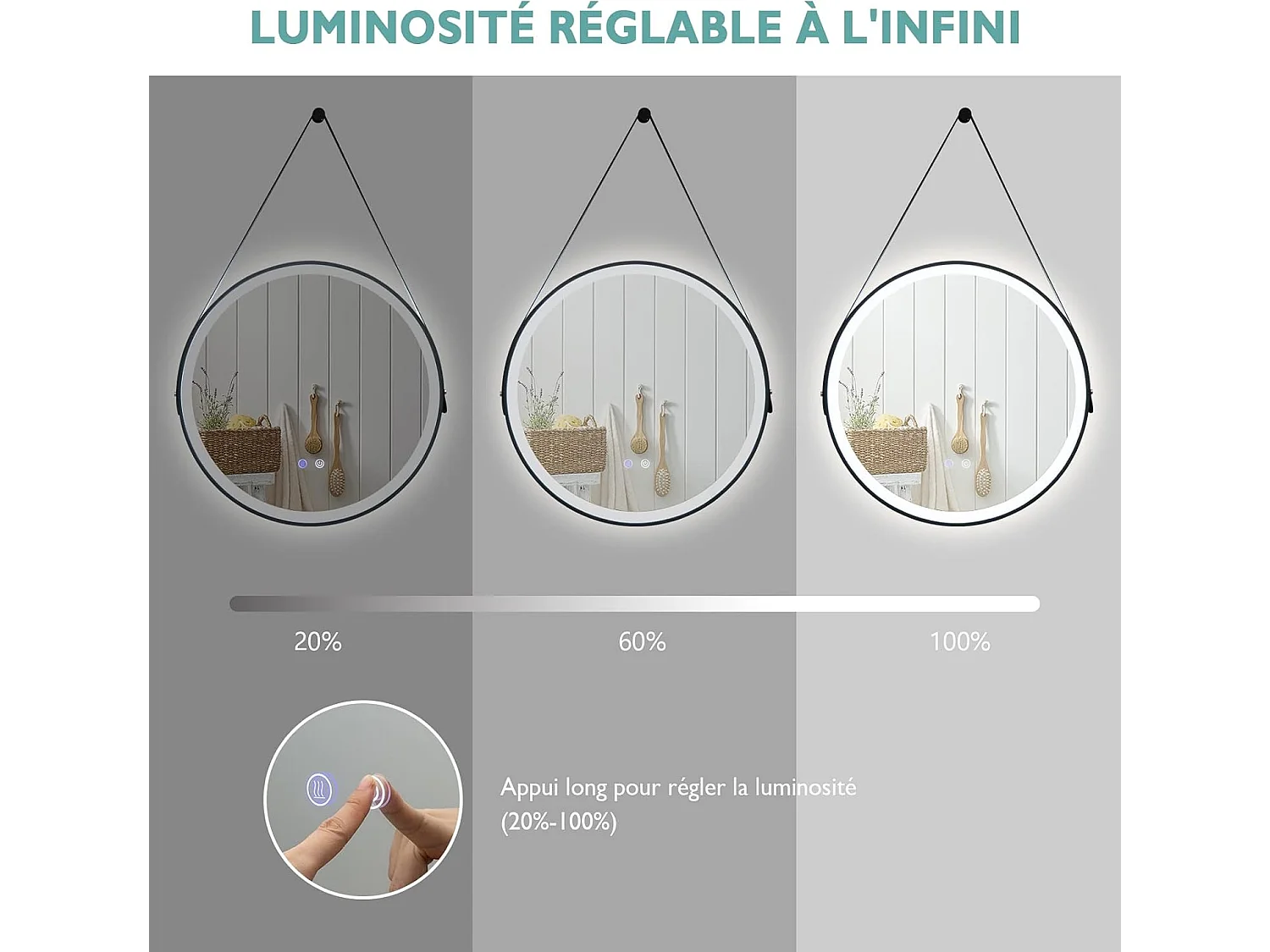 Miroir Anti-Buée Salle de Bain de 60 cm avec Sangle en Cuir, Miroir Anti-Eau Rond LED, Fonction Anti-Buée et Mémoire, Dimmable, 3 Couleurs