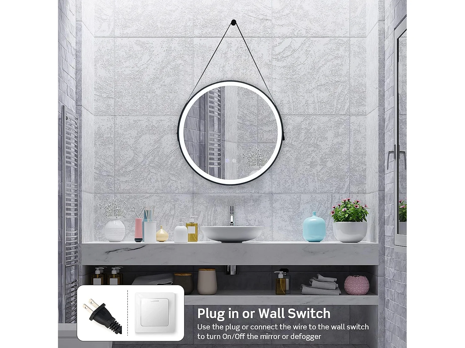 Miroir Anti-Buée Salle de Bain de 60 cm avec Sangle en Cuir, Miroir Anti-Eau Rond LED, Fonction Anti-Buée et Mémoire, Dimmable, 3 Couleurs