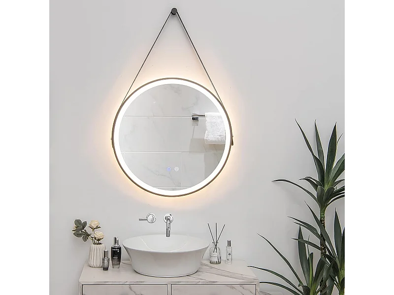 Miroir Anti-Buée Salle de Bain de 60 cm avec Sangle en Cuir, Miroir Anti-Eau Rond LED, Fonction Anti-Buée et Mémoire, Dimmable, 3 Couleurs
