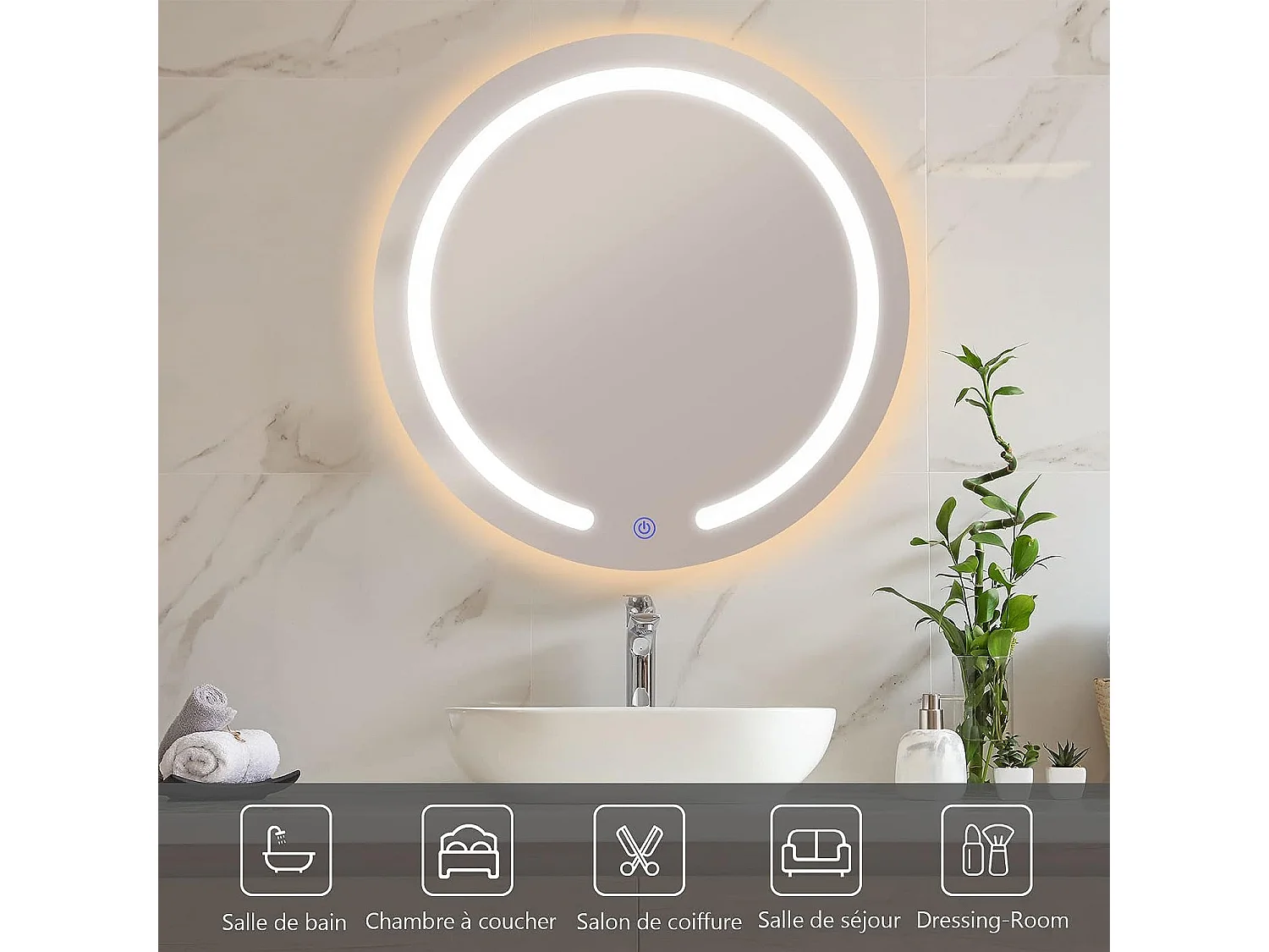 Miroir salle de bain led rond dia.50 cm avec 3 couleurs et luminosité réglables