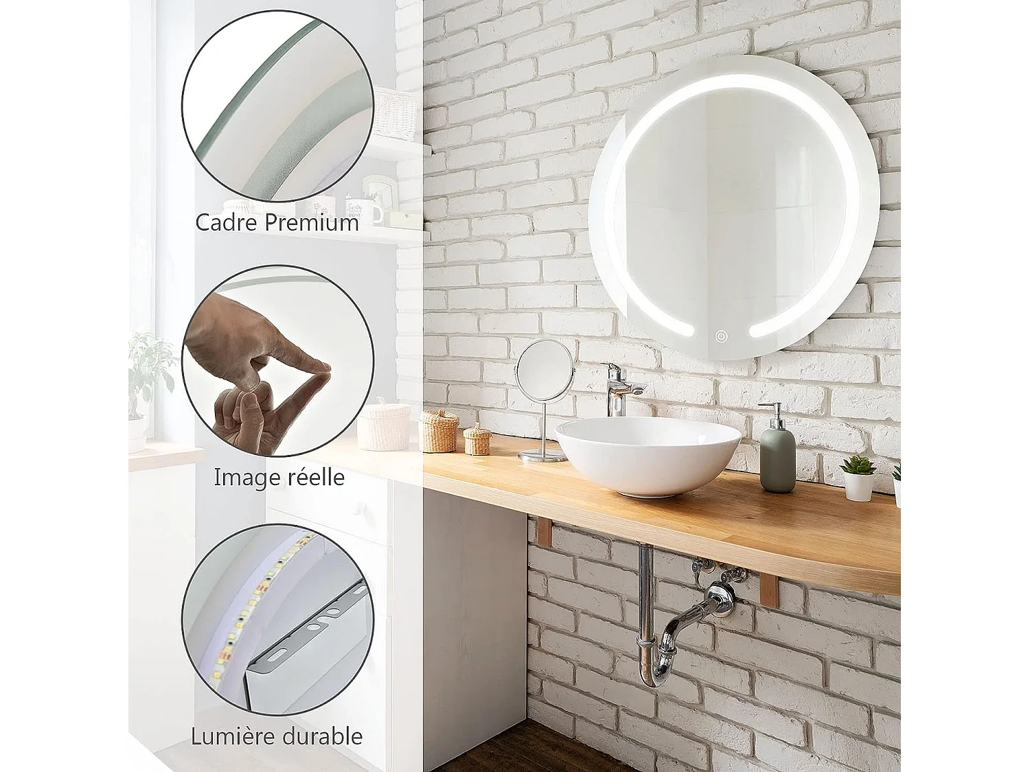 Miroir salle de bain led rond dia.50 cm avec 3 couleurs et luminosité réglables