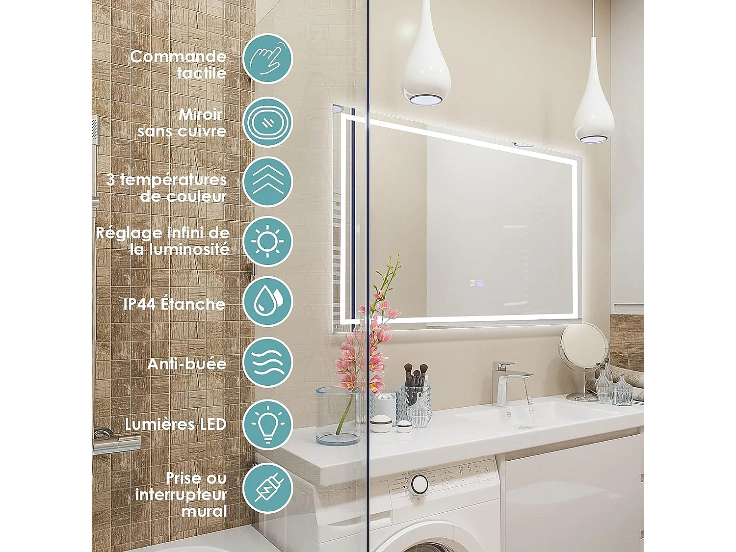 LED anti-condens badkamerspiegel, 80 x 60 cm, verlichte wandspiegel met 3 koel/neutraal/warm witte lampen, rechthoekige LED-spiegel met aanraakschakelaar en functie