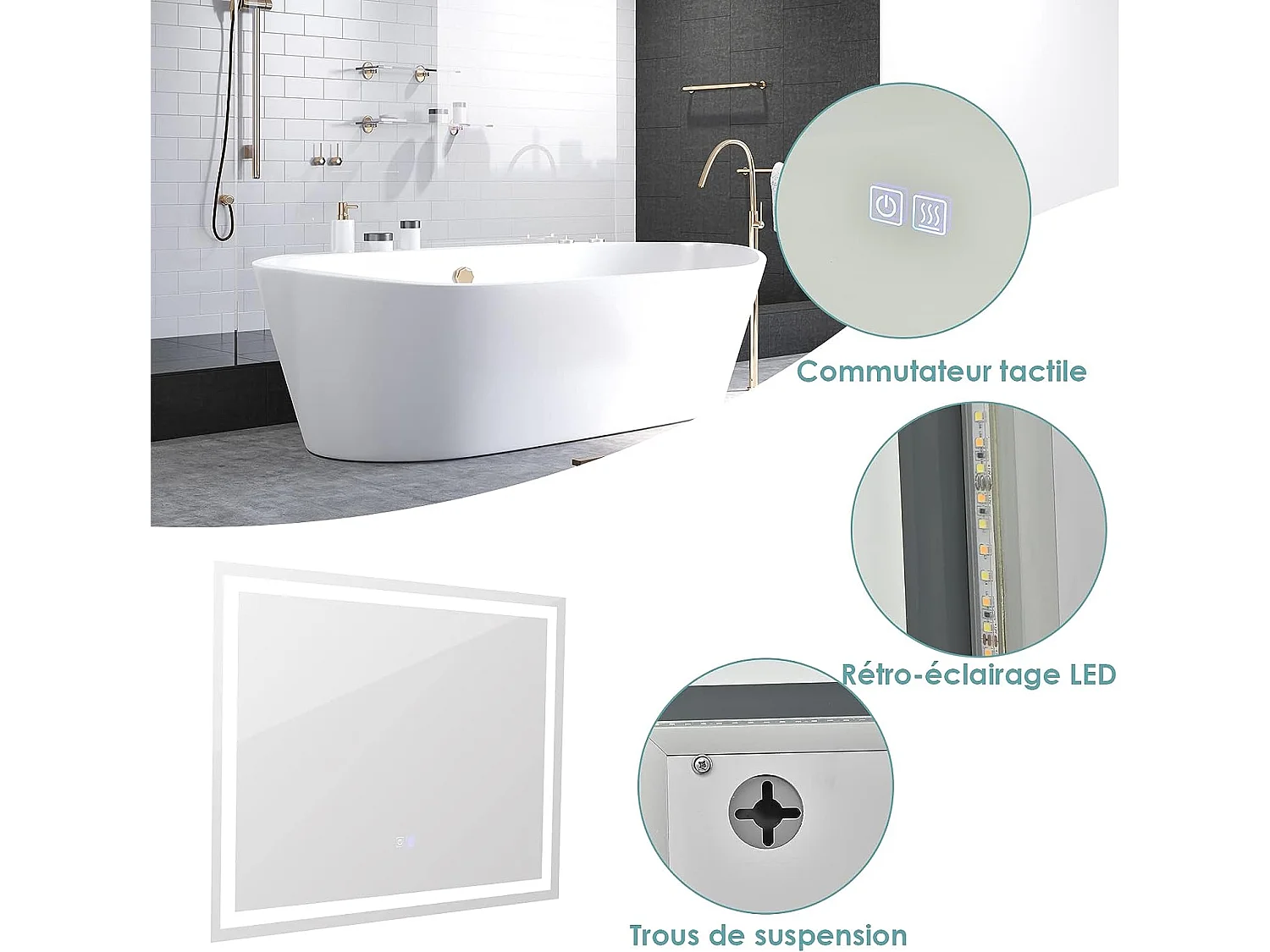 LED anti-condens badkamerspiegel, 80 x 60 cm, verlichte wandspiegel met 3 koel/neutraal/warm witte lampen, rechthoekige LED-spiegel met aanraakschakelaar en functie