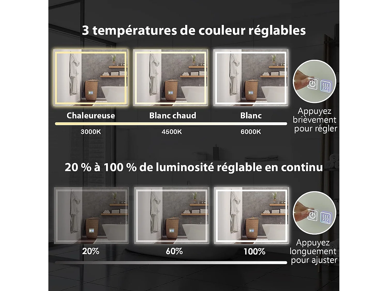 LED anti-condens badkamerspiegel, 80 x 60 cm, verlichte wandspiegel met 3 koel/neutraal/warm witte lampen, rechthoekige LED-spiegel met aanraakschakelaar en functie
