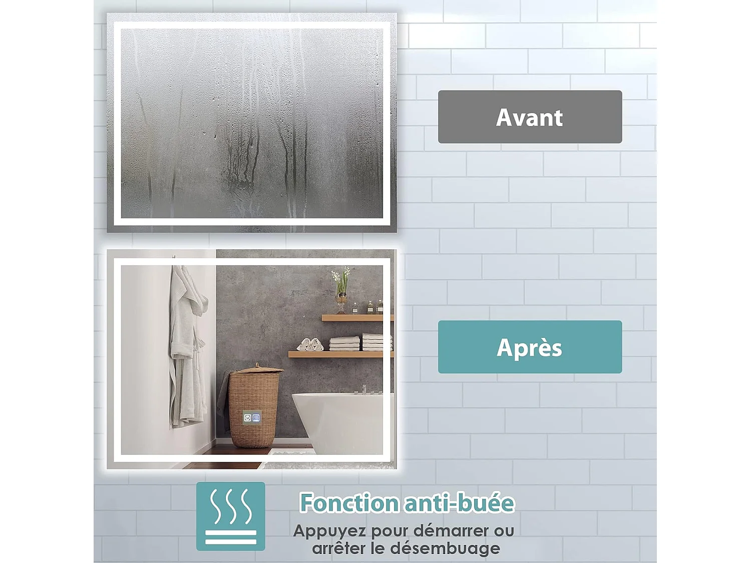 Miroir de Salle de Bain Anti-Buée LED, 80 x 60 cm, Miroir Mural Lumineux avec 3 Eclairages Blanc Froid/Neutre/Chaud, Miroir LED Rectangulaire avec Interrupteur Tactile et Fonction