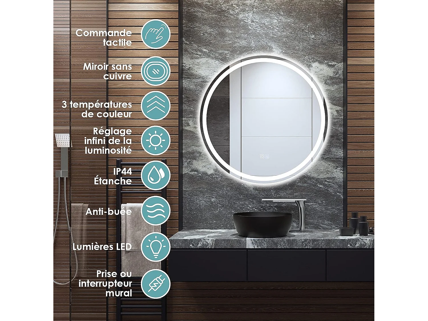 Miroir de Salle de Bain LED, Anti-Buée , ø 60 cm, Miroir Mural Lumineux avec 3 Eclairages Blanc Froid/Neutre/Chaud, Miroir LED Rond avec Interrupteur Tactile et Fonction