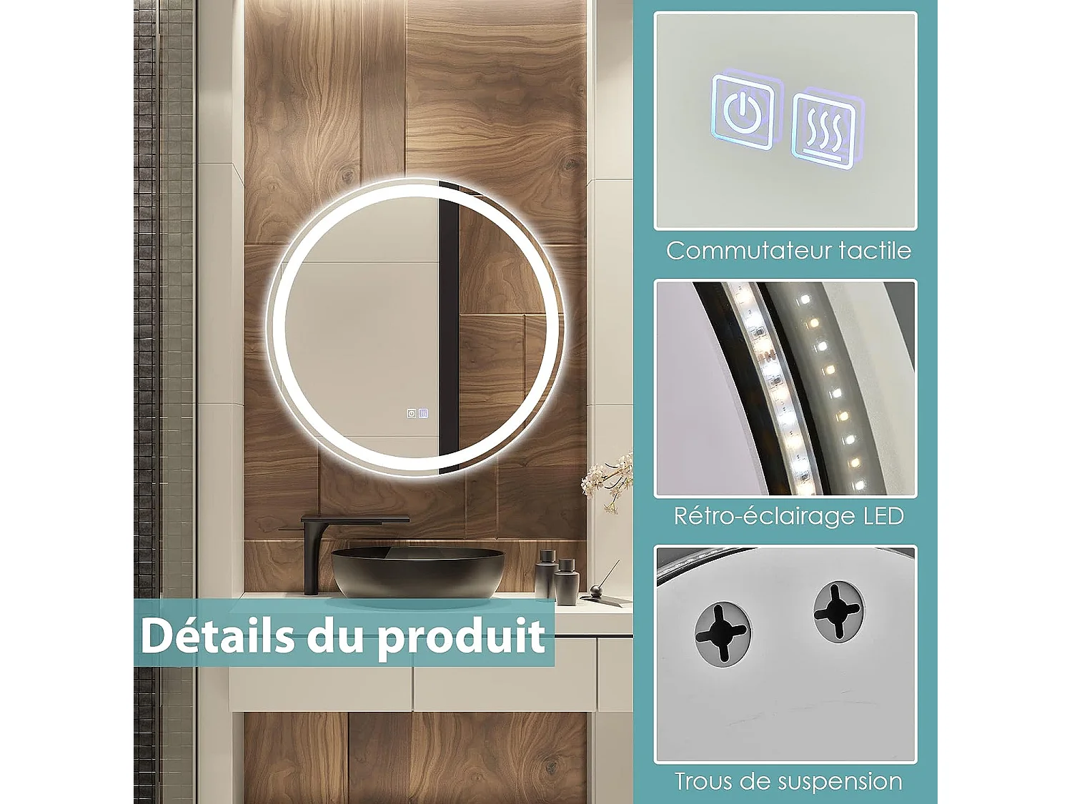 Miroir de Salle de Bain LED, Anti-Buée , ø 60 cm, Miroir Mural Lumineux avec 3 Eclairages Blanc Froid/Neutre/Chaud, Miroir LED Rond avec Interrupteur Tactile et Fonction