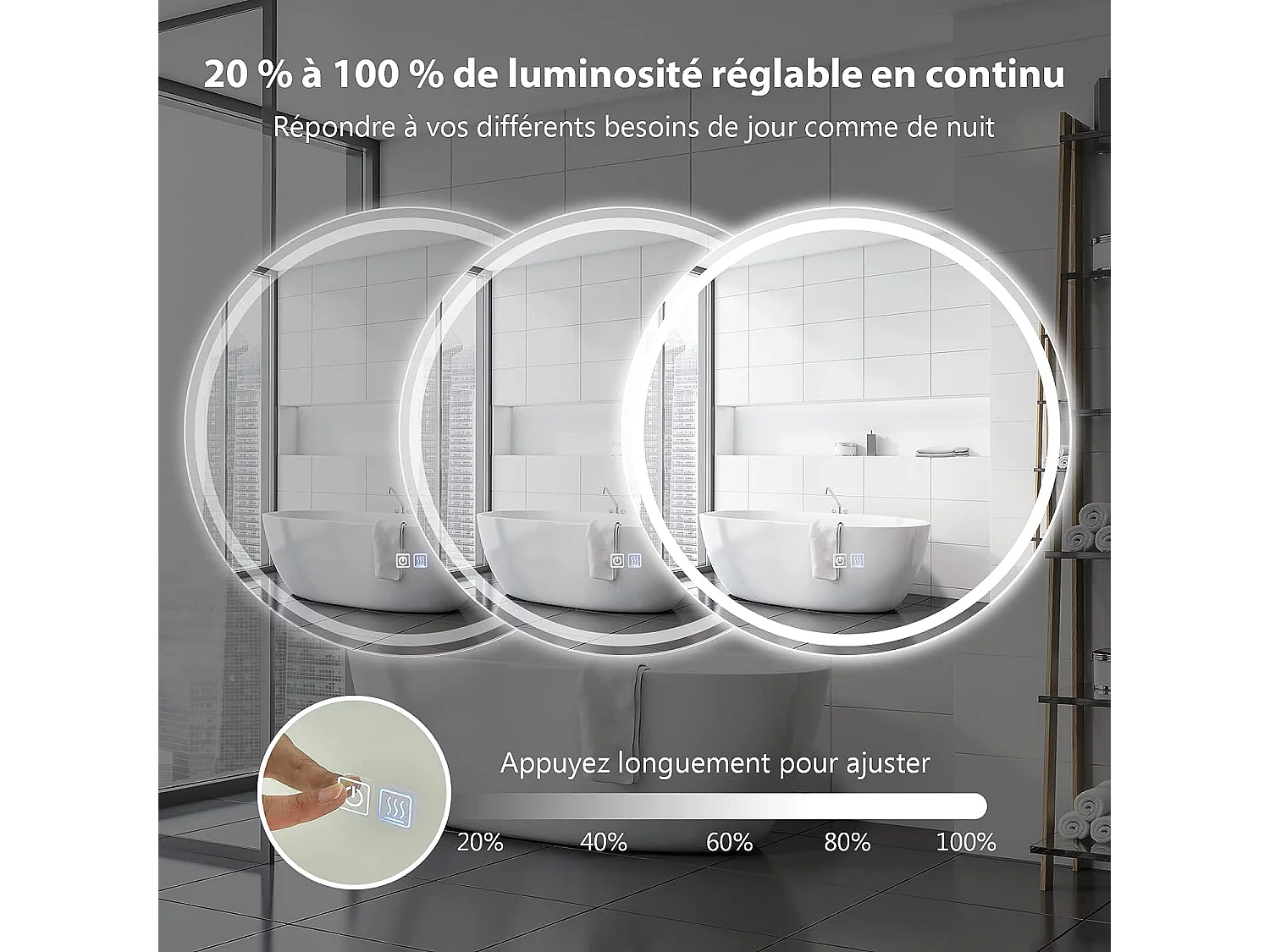 Miroir de Salle de Bain LED, Anti-Buée , ø 60 cm, Miroir Mural Lumineux avec 3 Eclairages Blanc Froid/Neutre/Chaud, Miroir LED Rond avec Interrupteur Tactile et Fonction